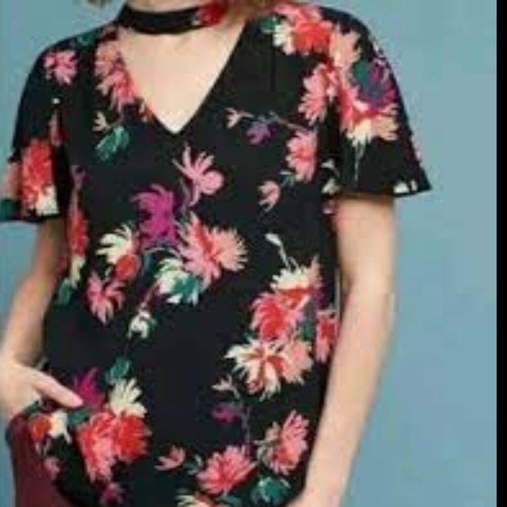 Maeve Anthropologie Bella Black Floral Choker Blouse Size X-Small